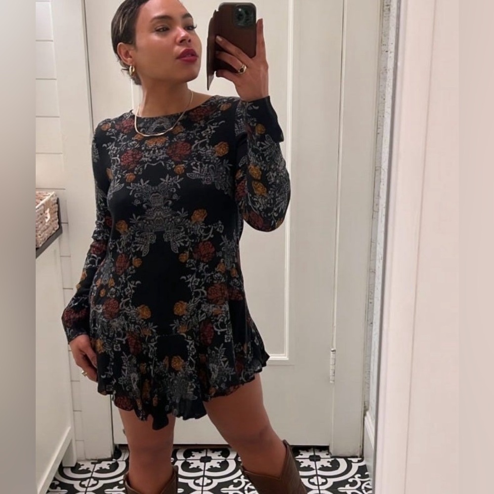 Free People Dark blue floral drop waist dress